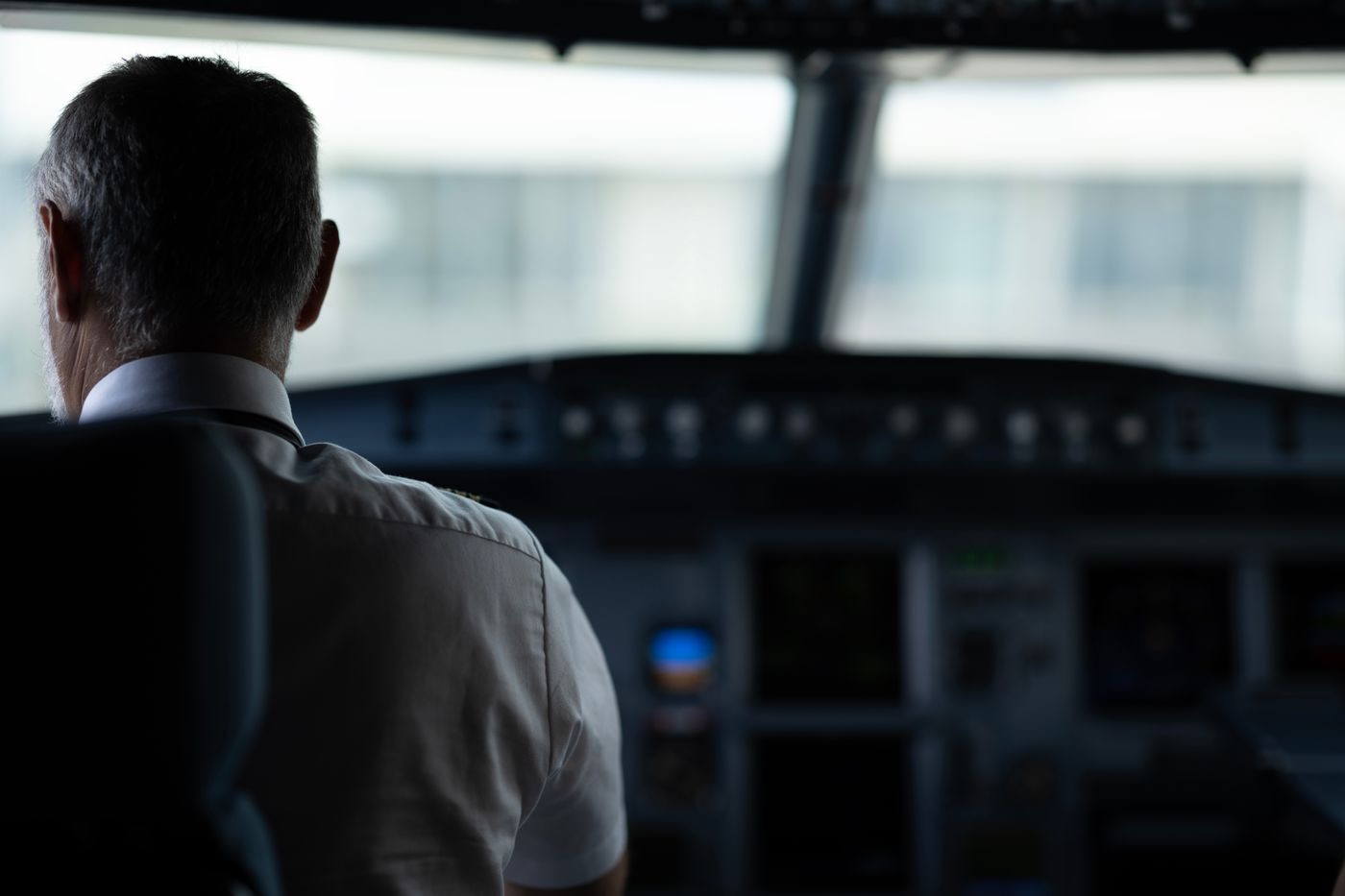 An experienced airline pilot in uniform, focused at the controls in the flight deck.